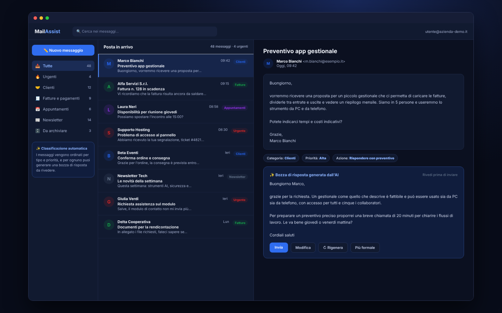 Assistente email con classificazione e bozze di risposta AI (schermata di esempio)