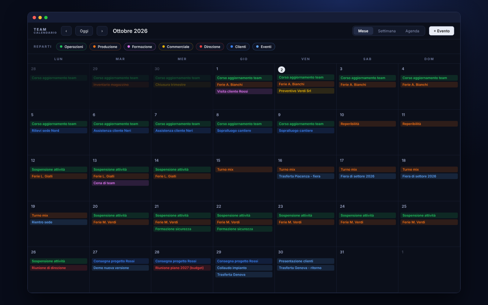 Calendario di team con filtri per reparto (dati di esempio)