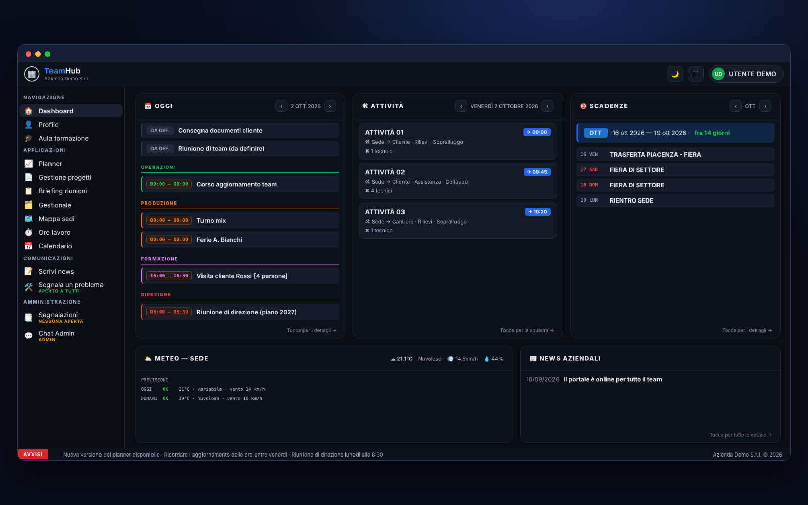 Portale aziendale con dashboard e applicazioni (dati di esempio)